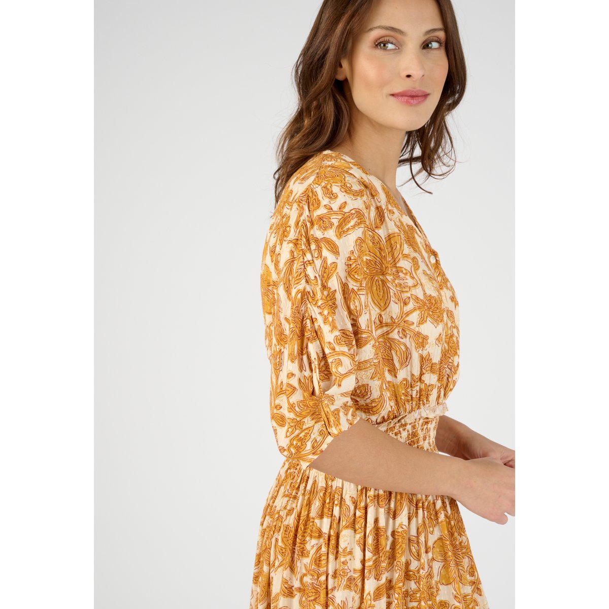 Robe longue à smocks jaune feuillage, DAMART