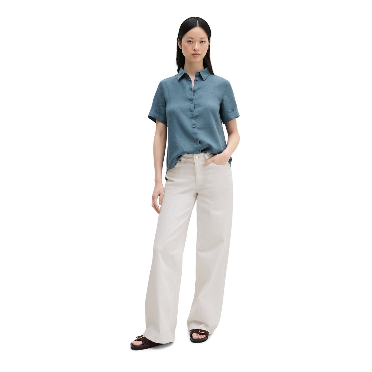 Blouse en lin à manches courtes regular avec de larges plis dans le dos bleu moyen, MARC O'POLO