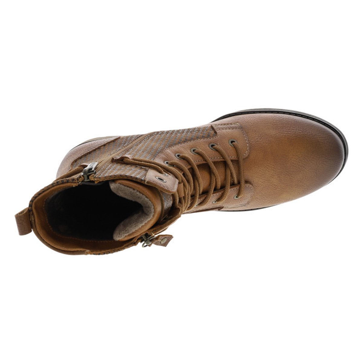 Bottines beiges à talon décroché bas avec un zip et des lacets ronds cognac, MUSTANG