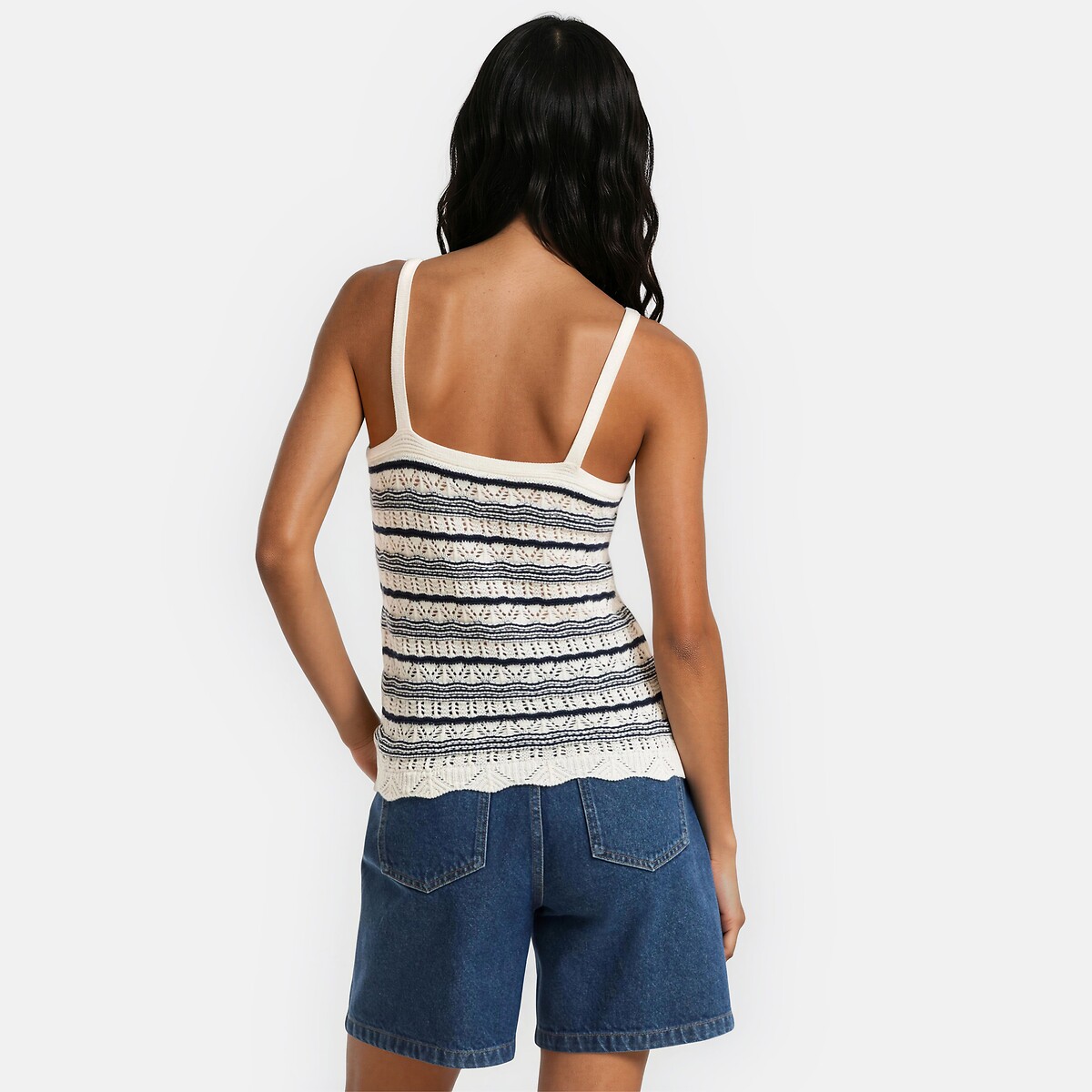 Débardeur en fine maille ajourée rayé noir/écru, LA REDOUTE COLLECTIONS