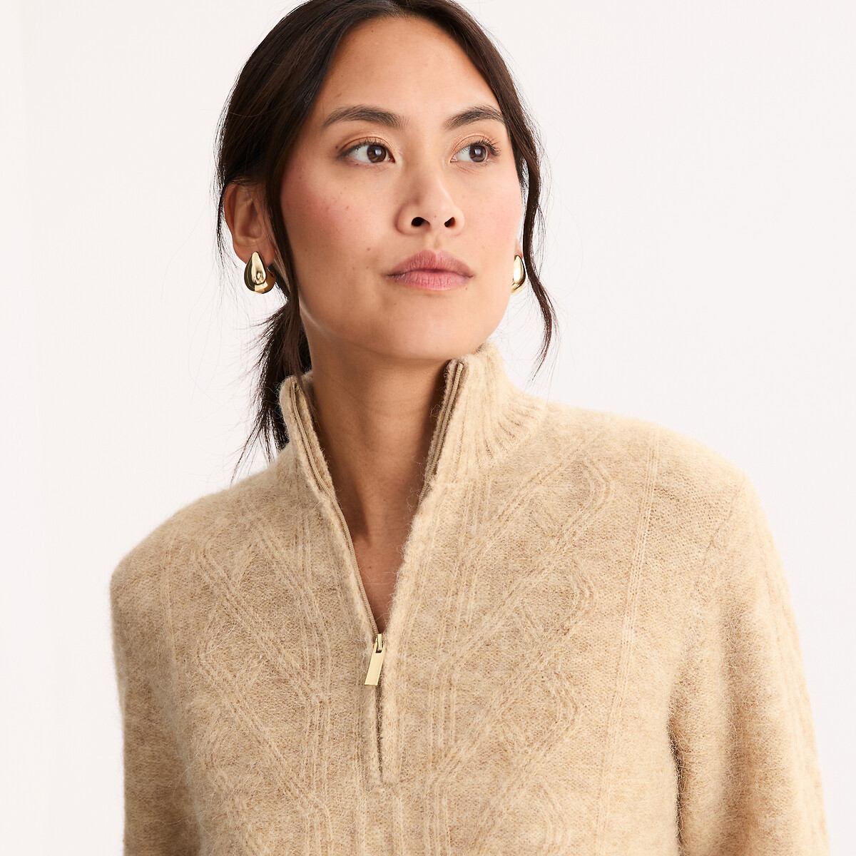 Pull col camionneur torsadé beige chiné, ANNE WEYBURN
