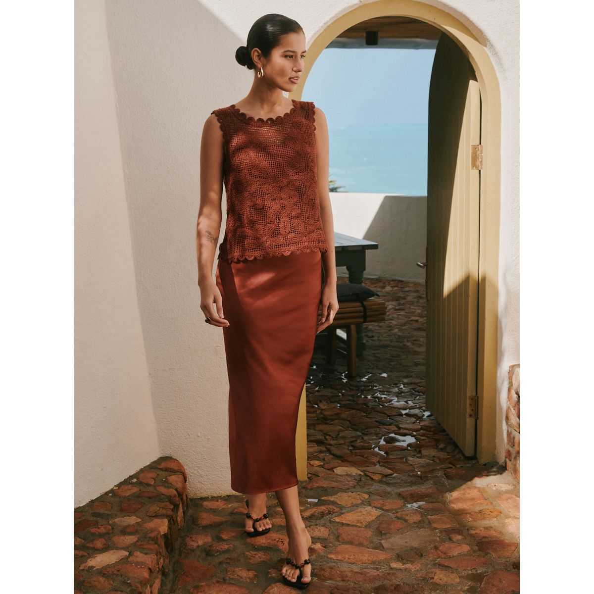 Robe longue sans manches 2-en-1 au crochet marron rouille, NEXT