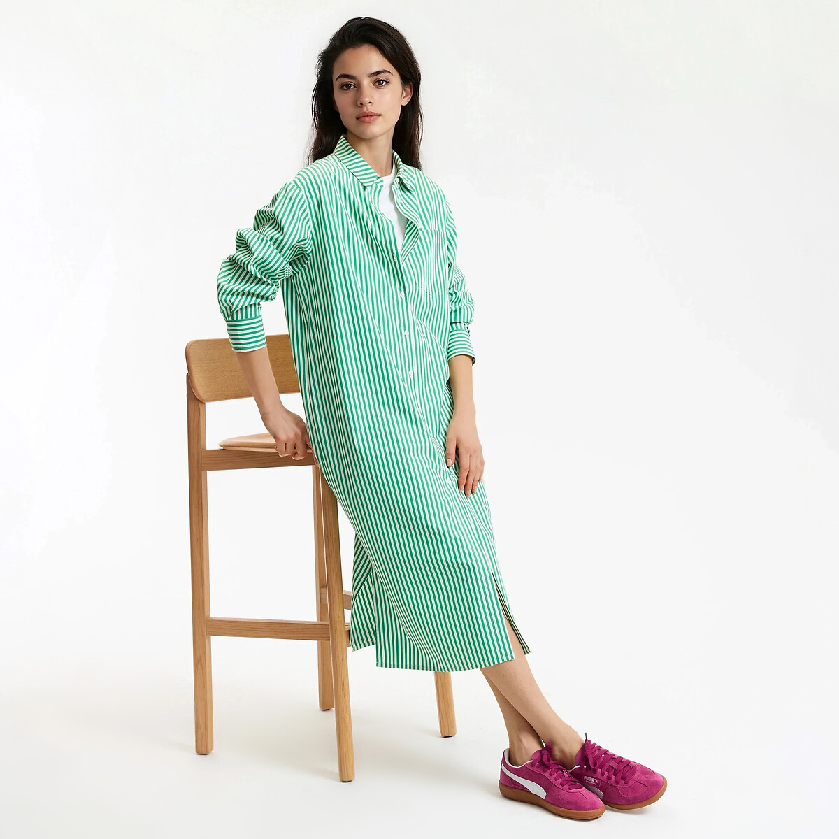 Abito a camicia, lungo, a maniche lunghe rigato verde, LA REDOUTE COLLECTIONS