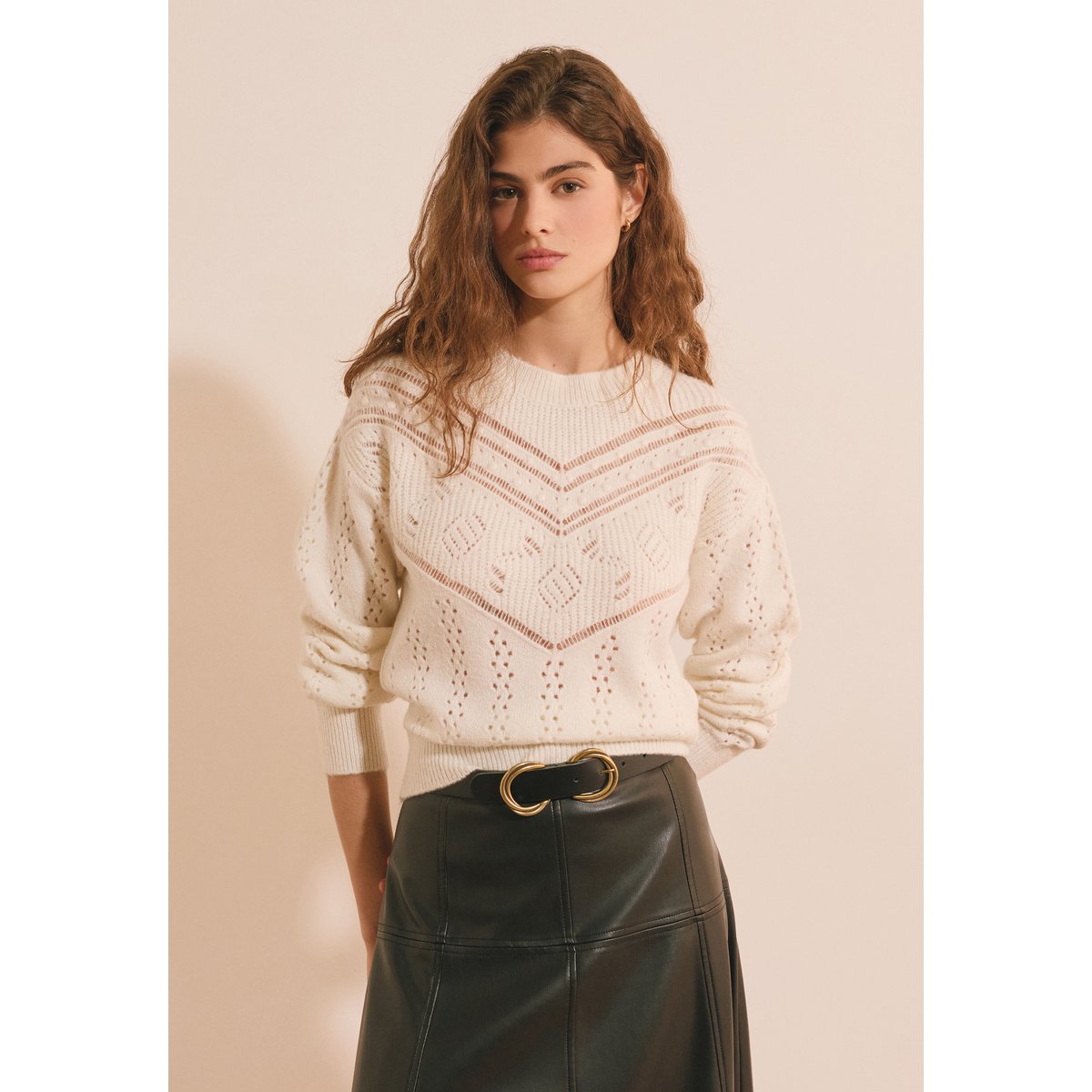 Pull manches longues en maille SOSO ecru, ETAM