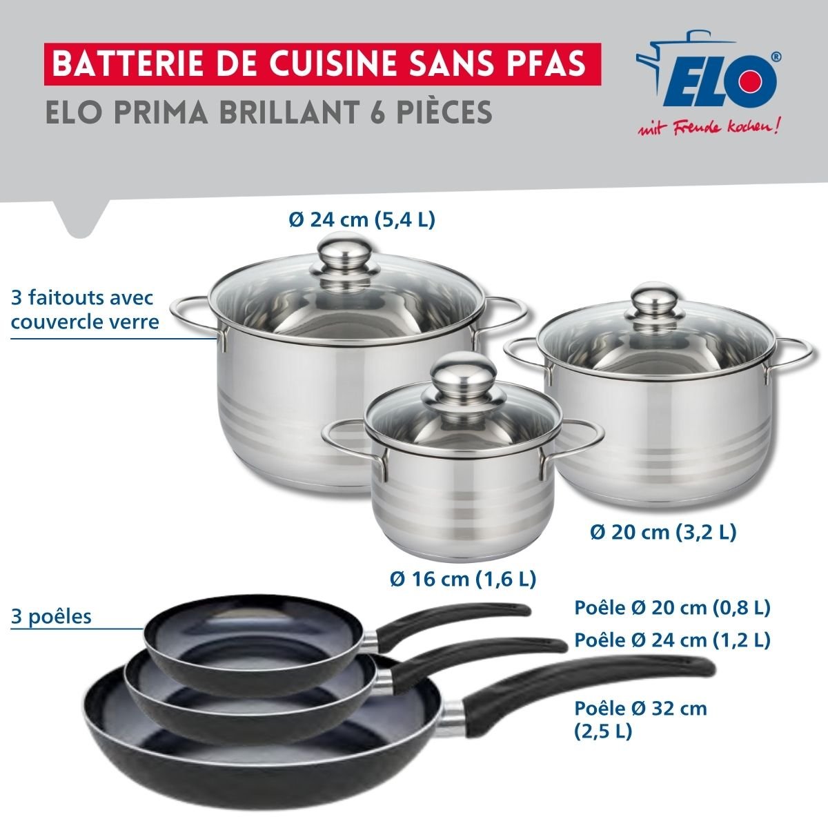 3 poêles 20/24/32cm + 3 faitouts 16/20/24cm PRIMA BRILLANT noir, ELO