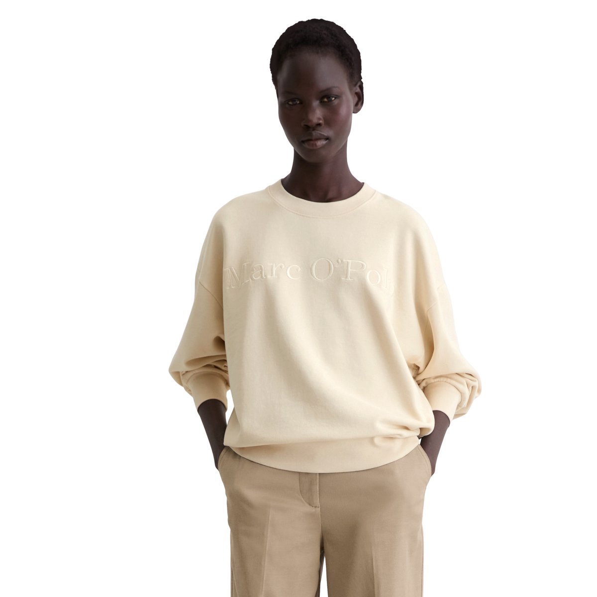 Sweat-shirt à logo relaxed en coton organique blanc naturel, MARC O'POLO