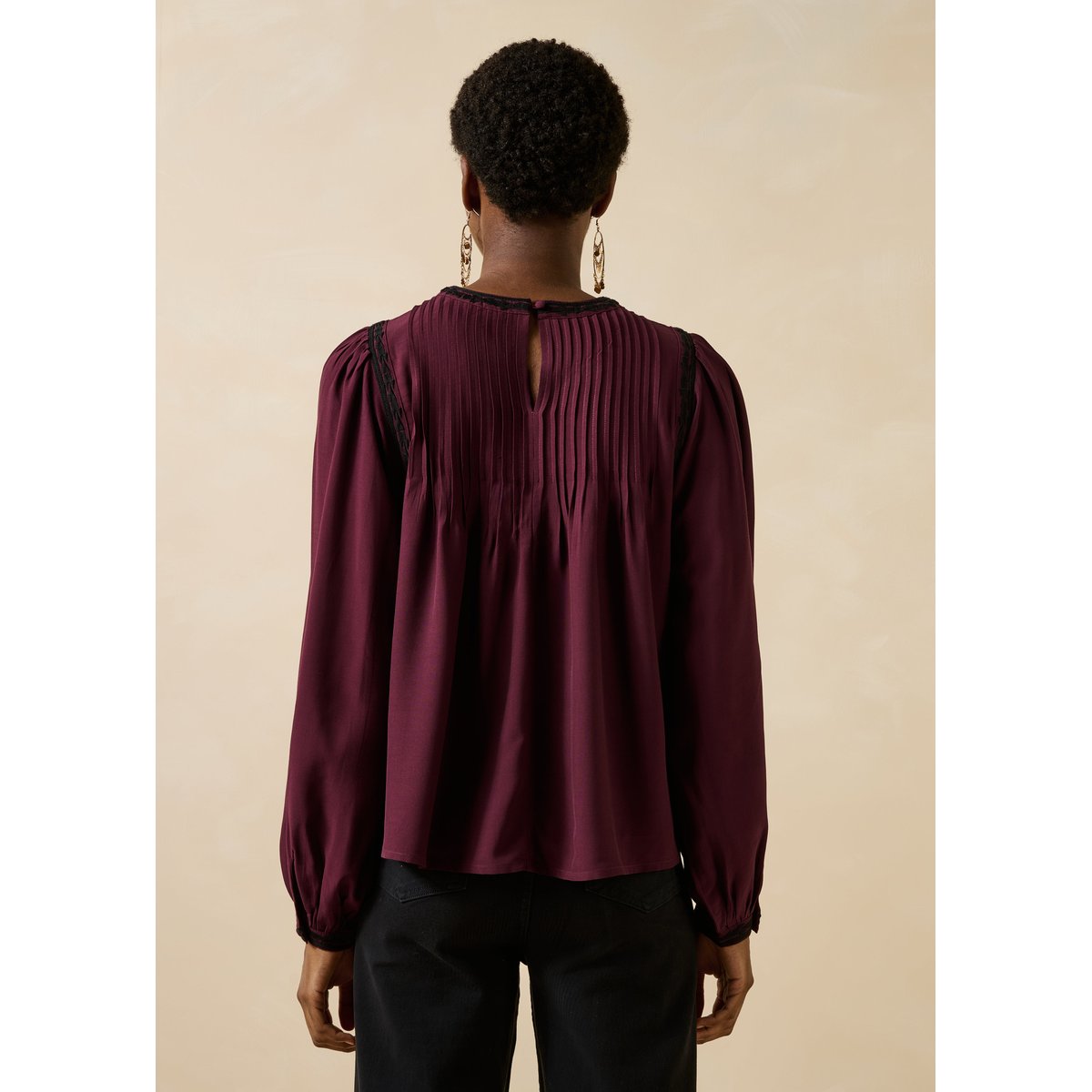Top plissé manches longues bordeaux / noir, LA FEE MARABOUTEE