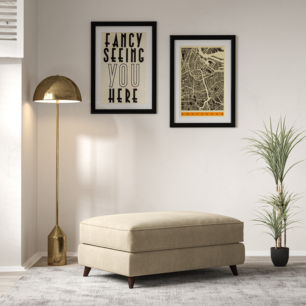 Amelia Soft Brushed Footstool with Dark Wood Legs linen, ÉDITÉ