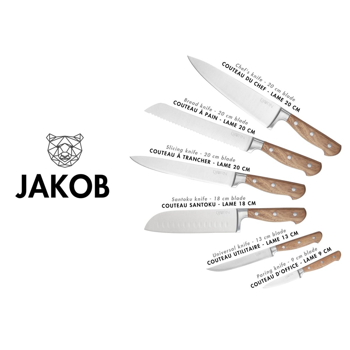 Lot de 6 couteaux de cuisine en inox, NUDE inox mat et bois, BJORN