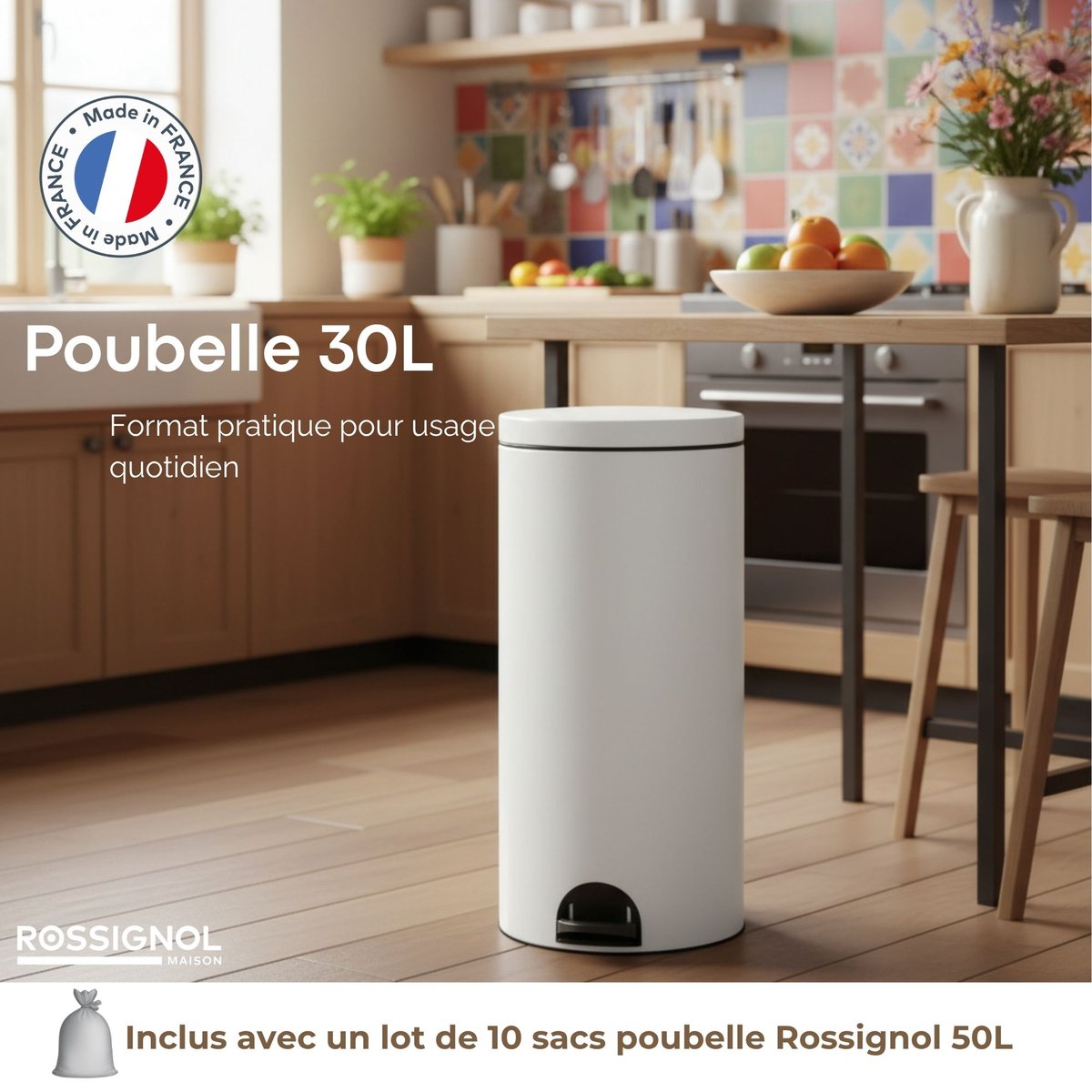 Poubelle de cuisine à pédale 30L et 10 sacs poubelle 50L - ELORA blanc, ROSSIGNOL