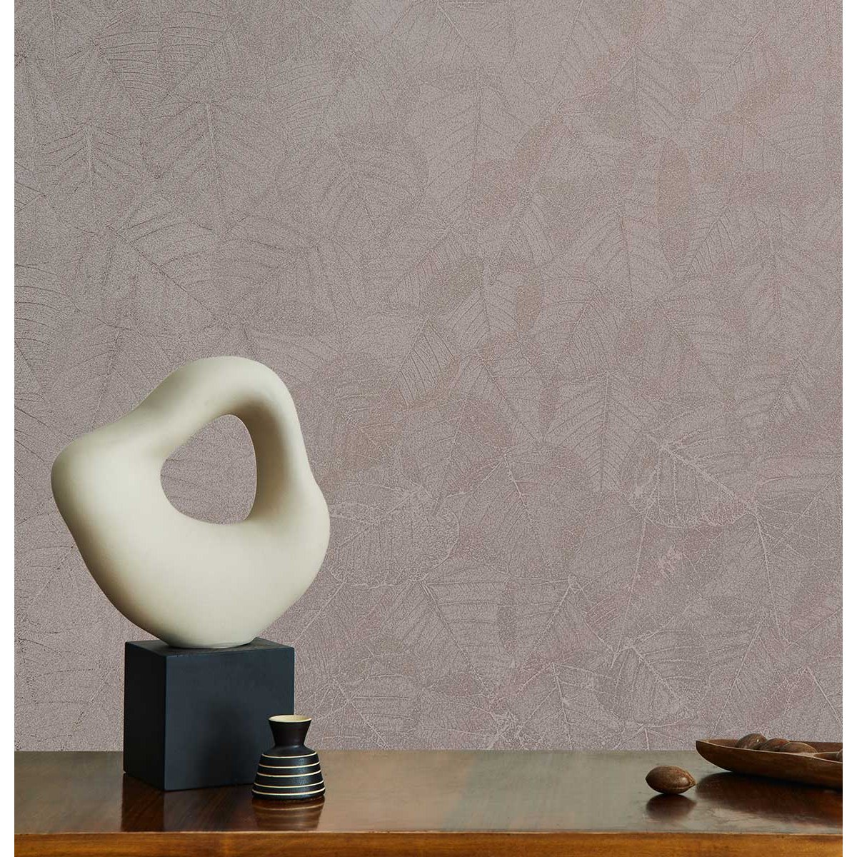 Papier peint feuillage texturé rose grisé beige, HEXOA
