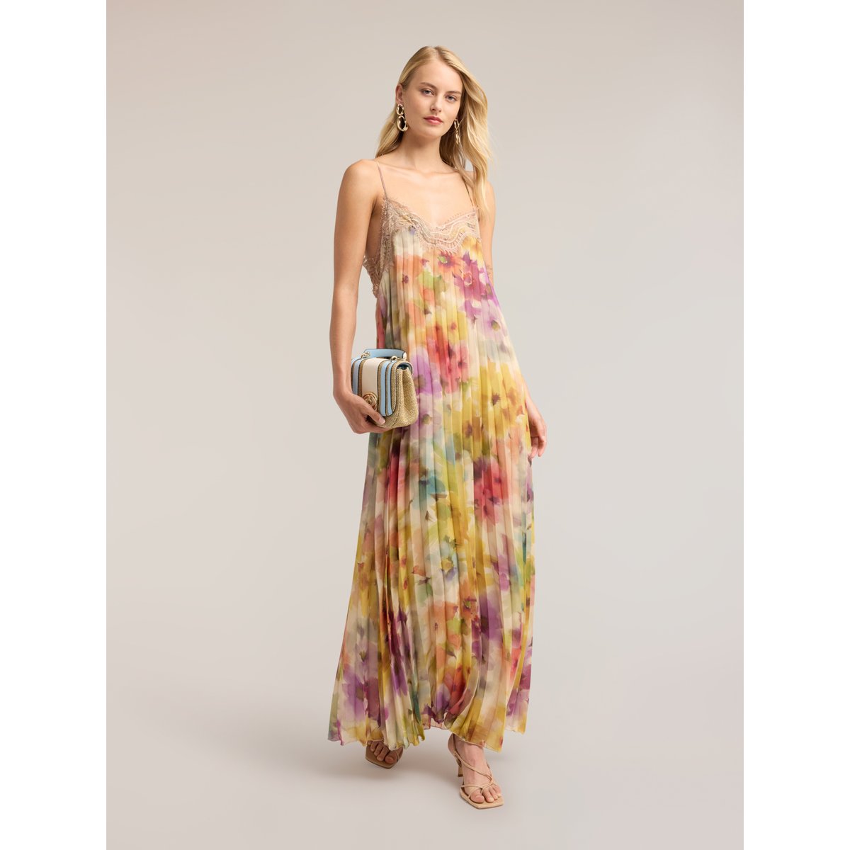 Robe longue plissée avec imprimé jaune, MOTIVI