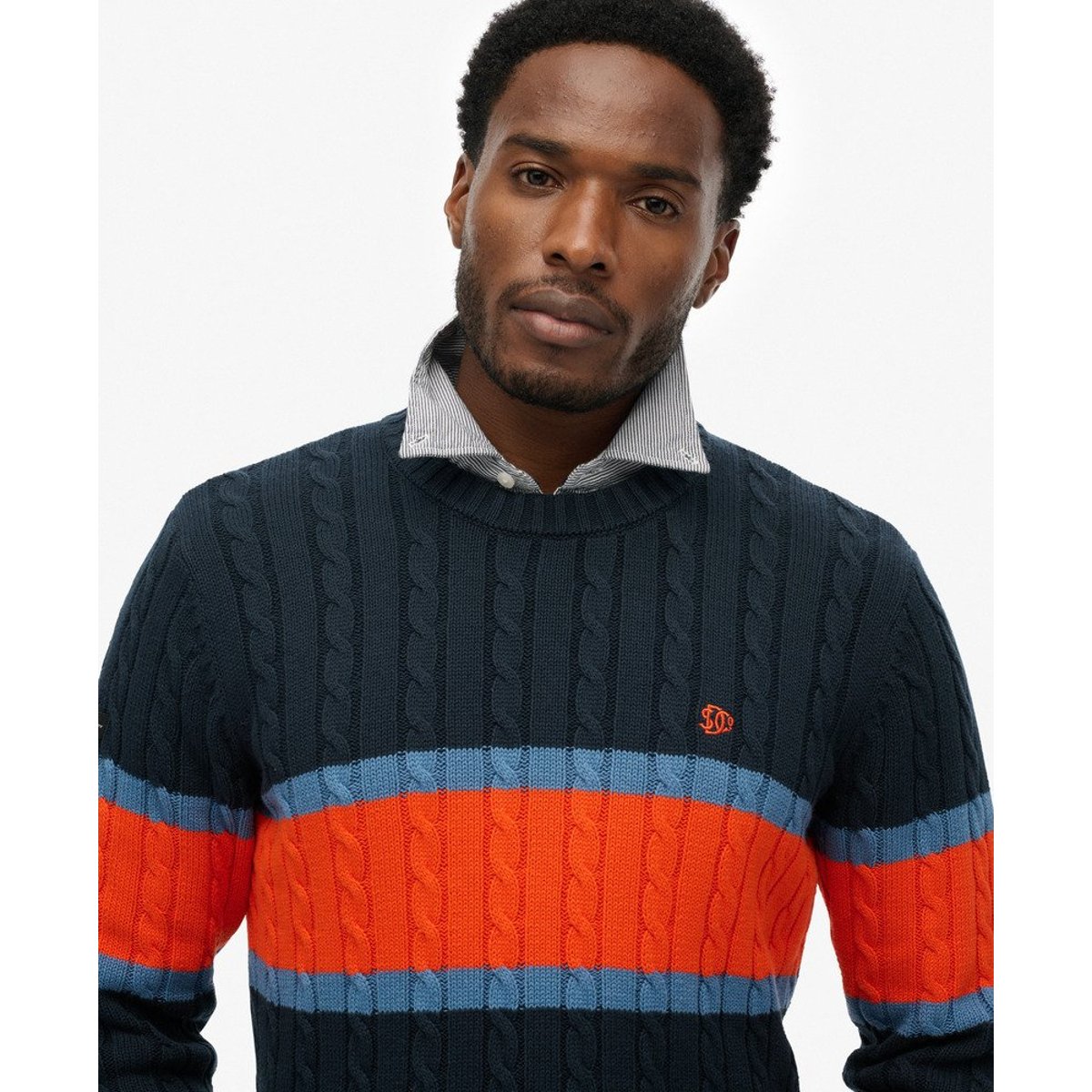 Pull en maille torsadée à rayures en coton bleu marine éclipse/orange vif, SUPERDRY