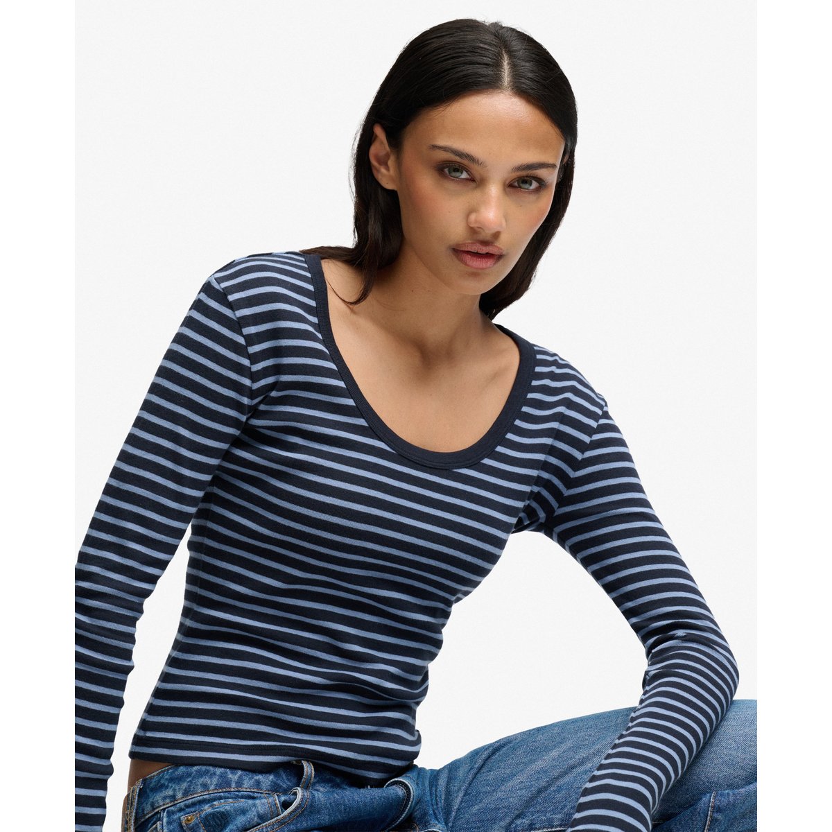 Haut à Manches Longues Rayé Athletic Essentials rayé bleu marine éclipse, SUPERDRY