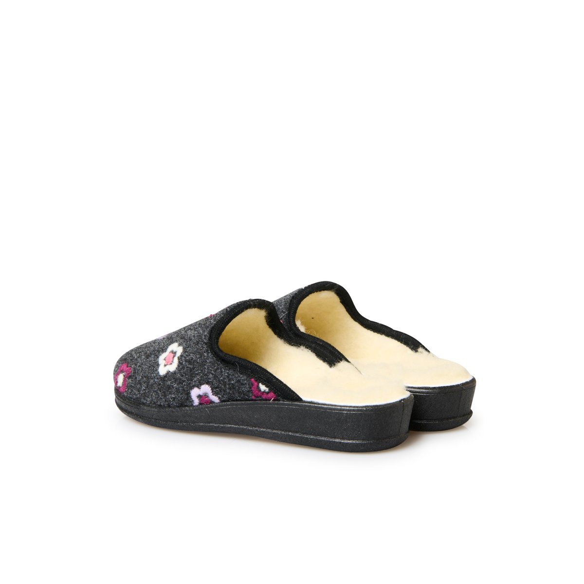Mules fourrées laine gris foncé / fleurs brodées, PEDICONFORT