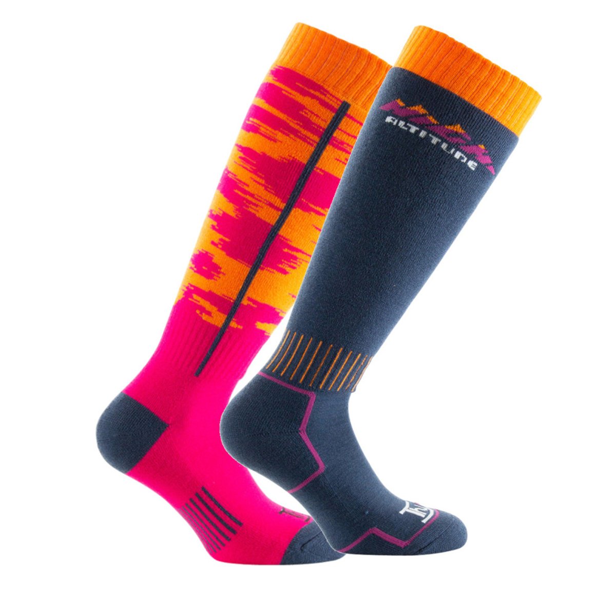 Lot de 2 paires de mi-bas ski High altitude Femme marine-rose, THYO