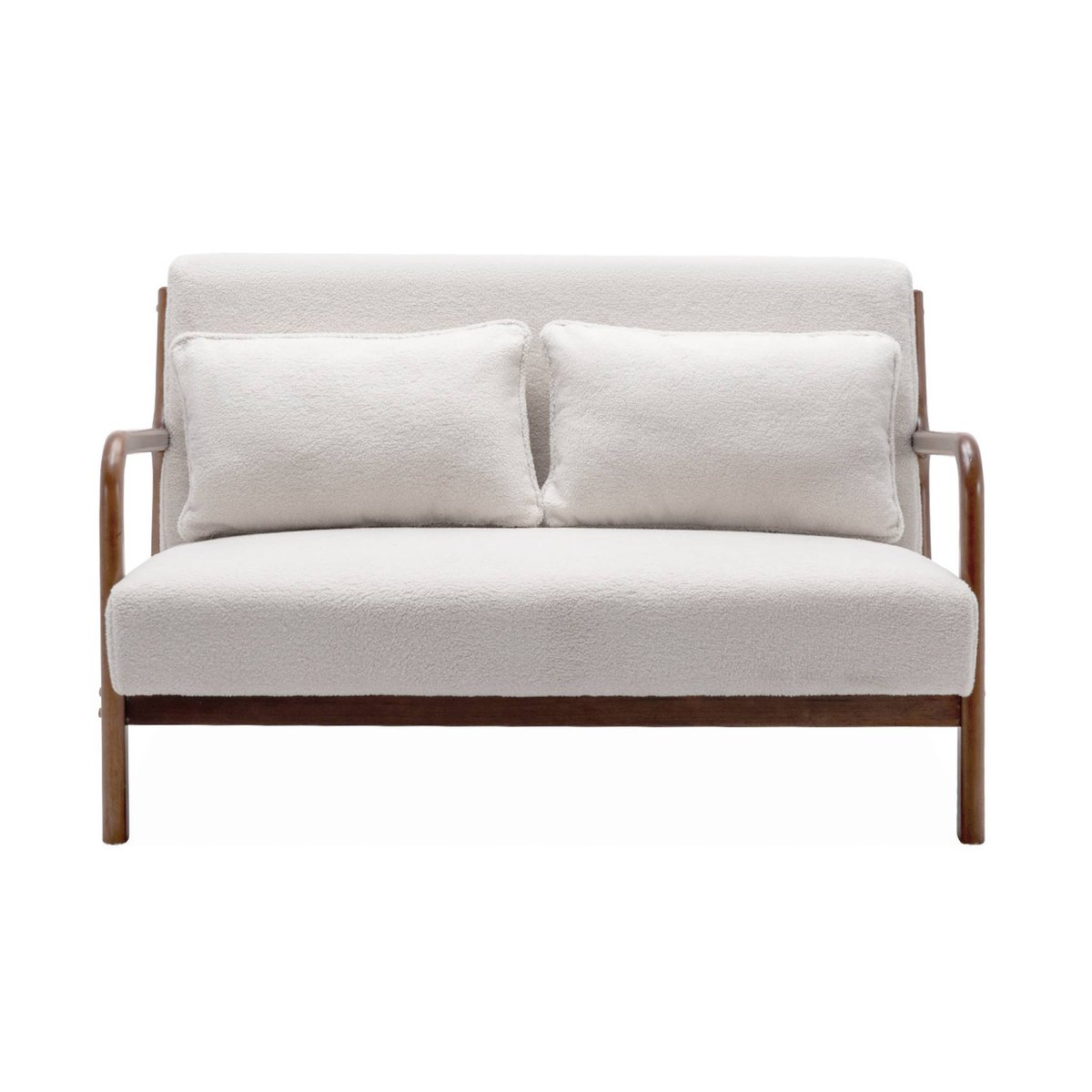 Banquette 2 places + Fauteuil bois d'hévéa teinté noyer clair et bouclette LORENS crème, SWEEEK