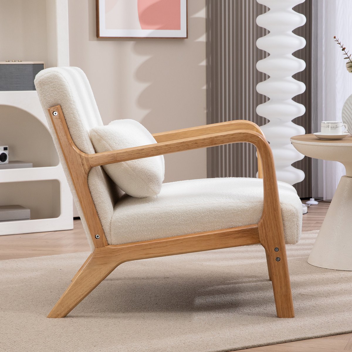Accent Chair Velours (100 % polyester) Crème crème, bois naturel, HOMCOM