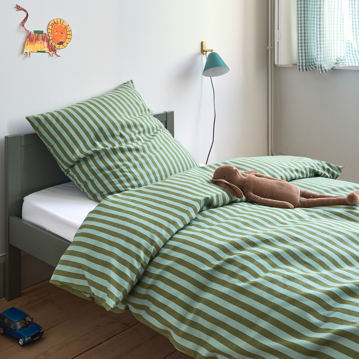 Parure de lit enfant, en 50% coton recyclé, taie rectangulaire, SACHA VERT rayé vert, LA REDOUTE INTERIEURS