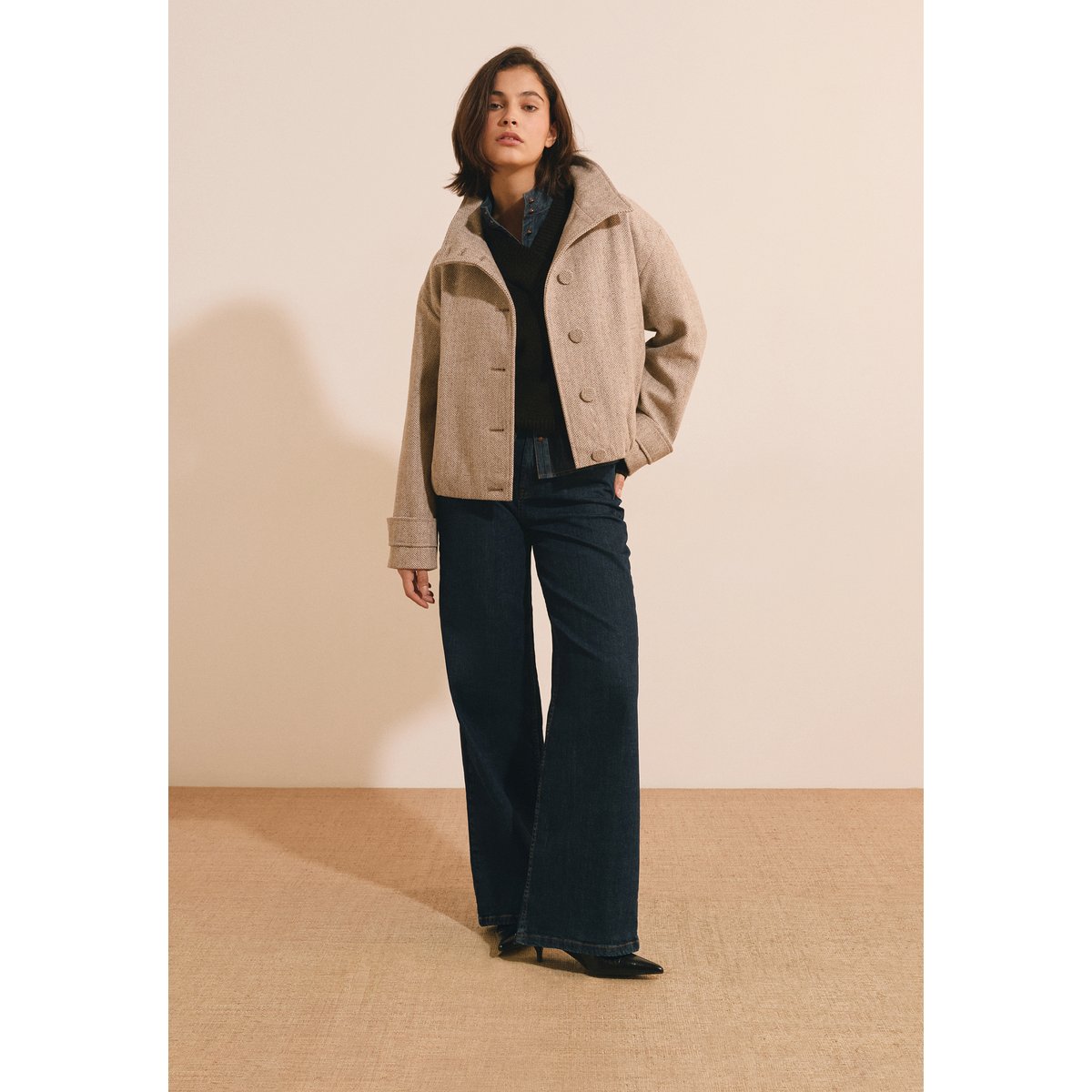 Manteau court avec laine à col montant MAHE CHX beige, ETAM