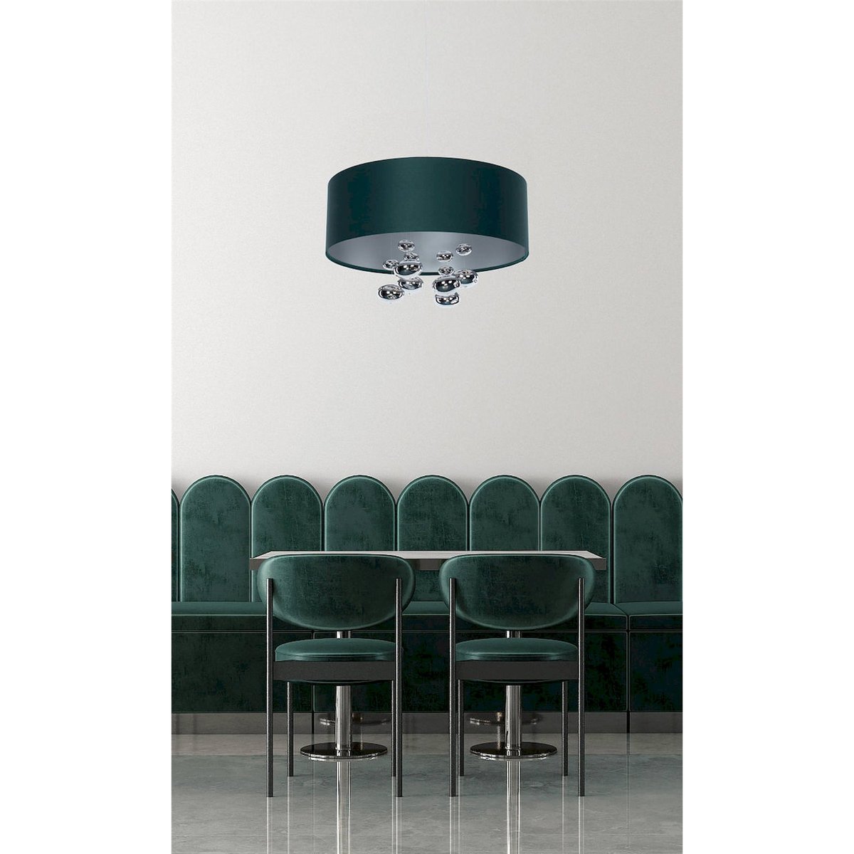 Suspension ronde en tissu avec boules argentées Bubble Light vert bouteille satin et argent mat, BPS KONCEPT