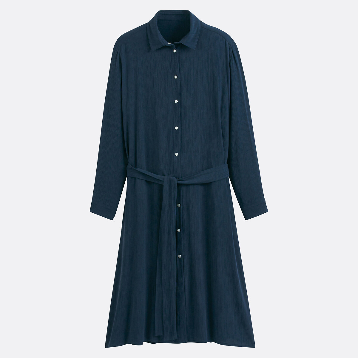 Crepe Mid-Length Shirt Dress with Long Sleeves navy blue, LA REDOUTE COLLECTIONS