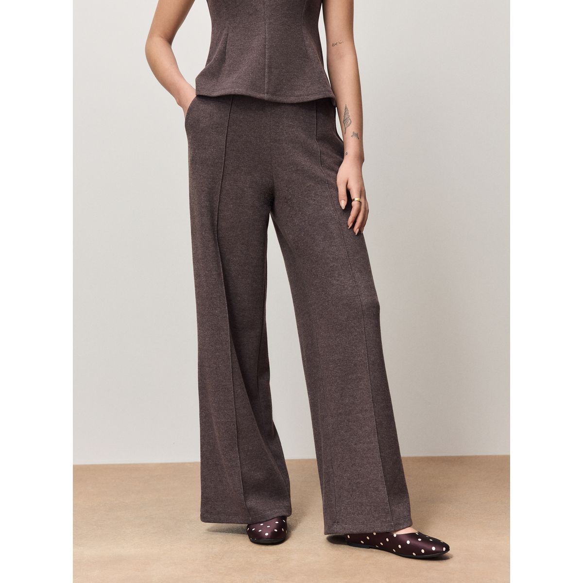 Pantalon large aspect laine taupe, NEXT