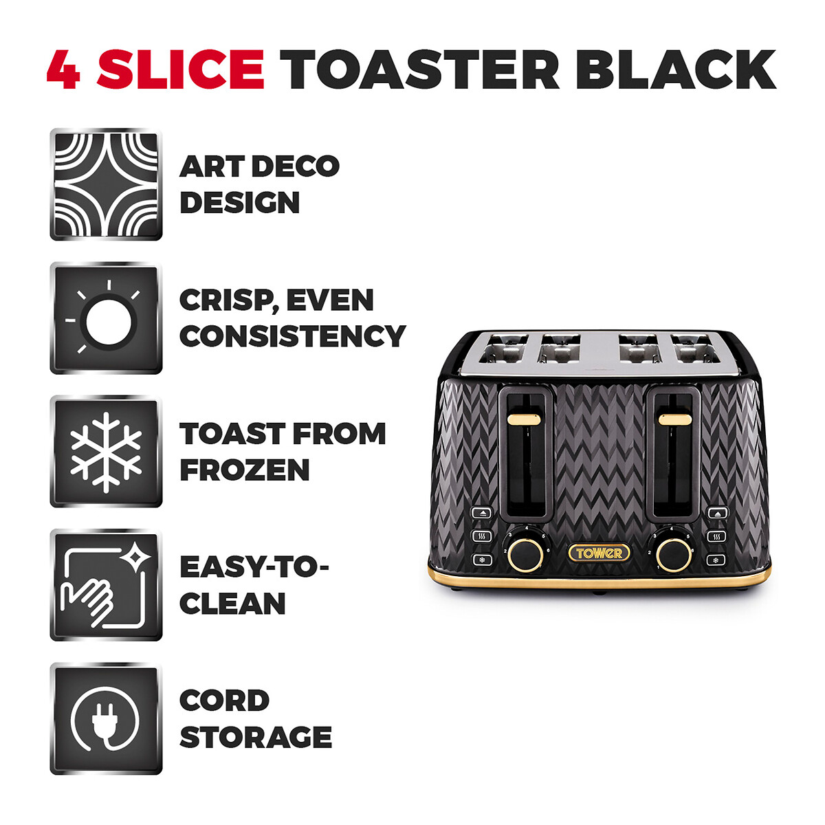 Empire 4-Slice Toaster - T20061 black, TOWER