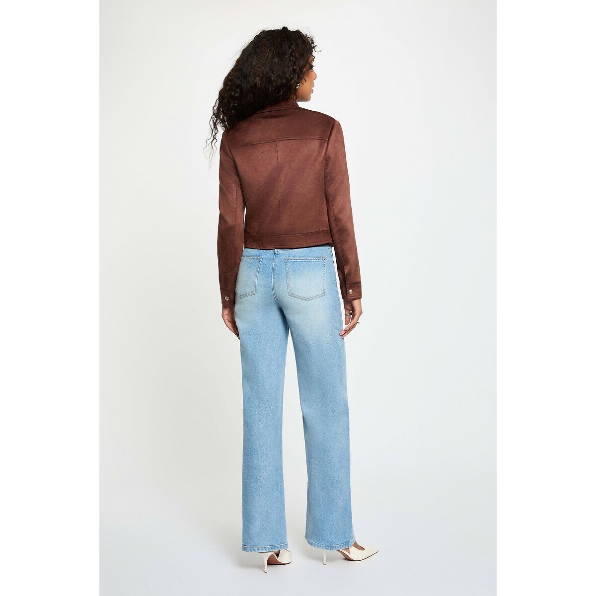 Blouson court en suédine marron foncé, MORGAN