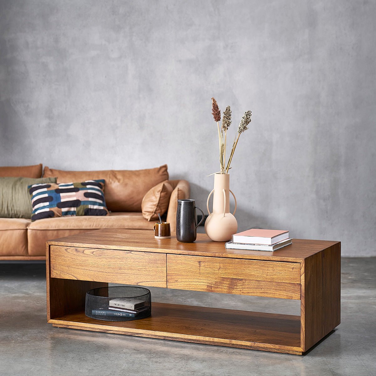 Table basse en bois massif 140 cm 4 tiroirs MILO marron, BERAH GETAH
