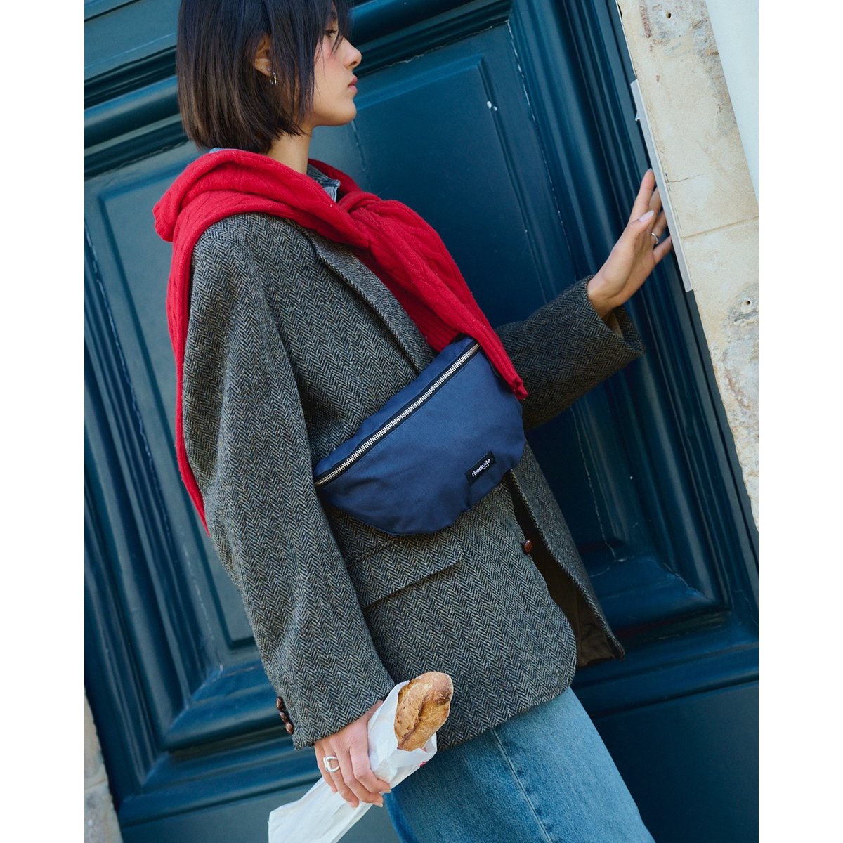 Sac banane en coton enduit zippé CUSTINE bleu enduit, RIVEDROITE