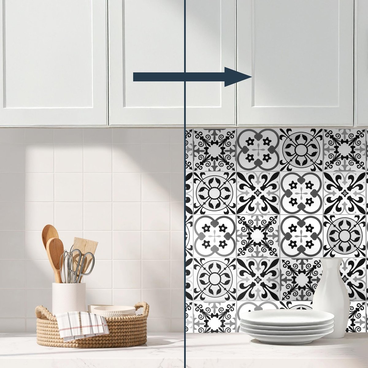 Crédence adhésive murale 3D motifs carreaux de ciment 4 pièces couleur unique, DOUCEUR D'INTÉRIEUR