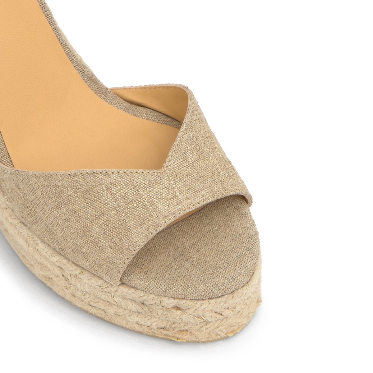 Sandales compensées en lin métallisé et jute tressée à bride cheville BLAUDI PLATFORM taupe, CASTANER