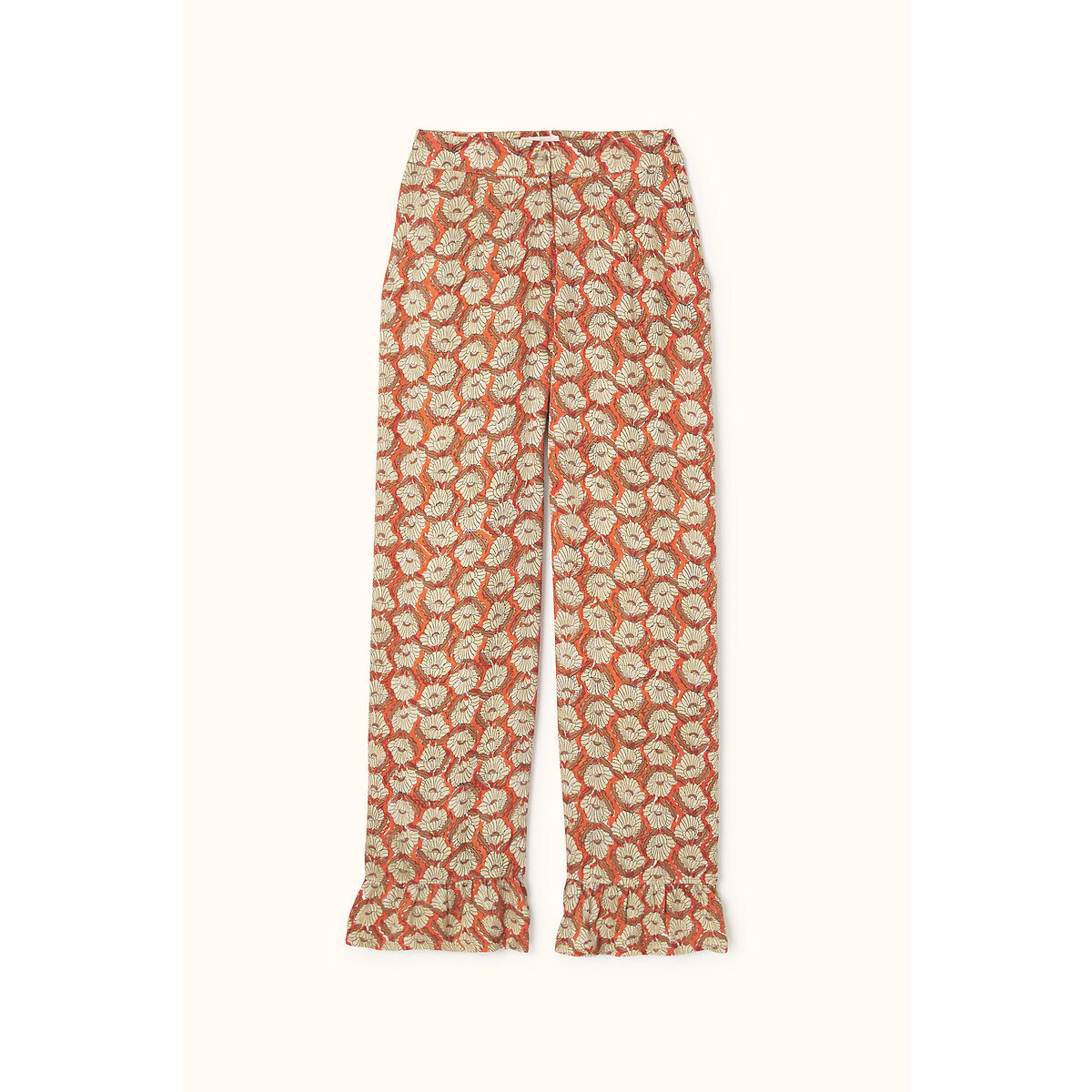 Calças estampadas com folhos na base das perneiras, PADMA estampado laranja, APACHES COLLECTIONS