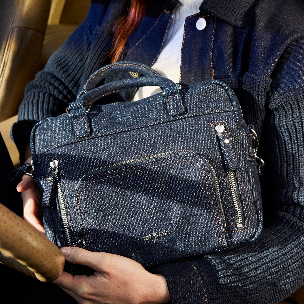 Sac à main en cuir grainé MINI MACY denim brut, NAT & NIN