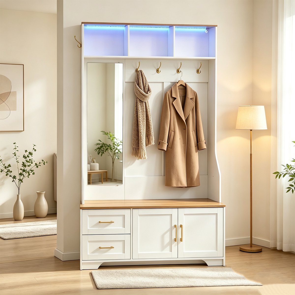 Vestiaire d'entrée avec miroir banc et rangement, PORTER-G hêtre, MEUBLES COSY