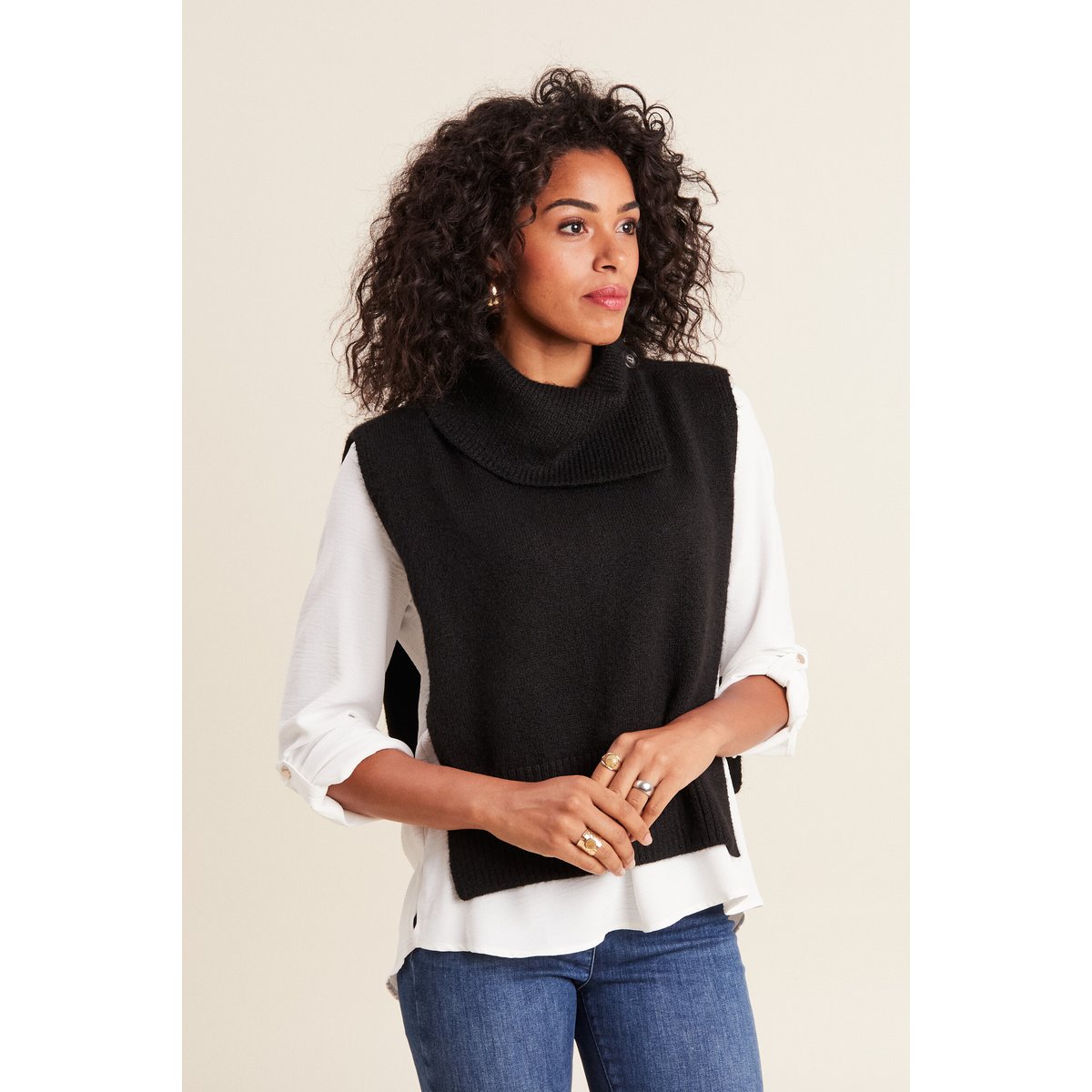 Plastron tricoté col boutonné noir, BREAL