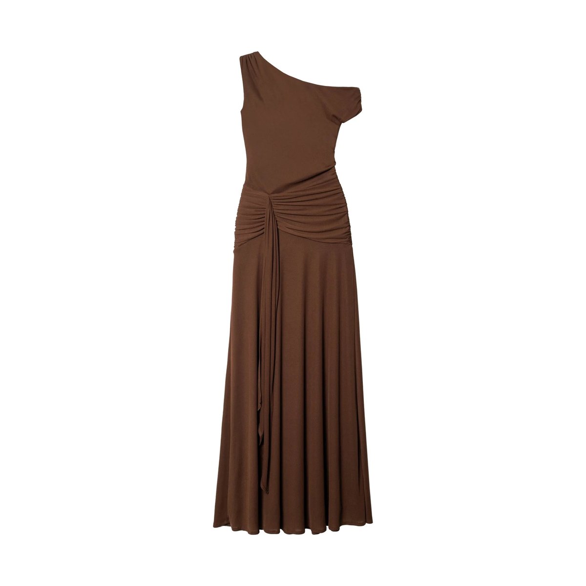 Robe longue en maille à manche asymétrique avec ceinture de femme marron, THE-ARE