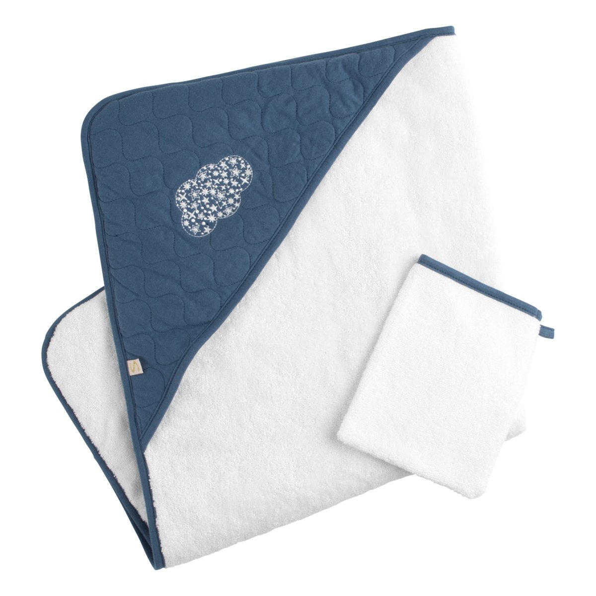Cape de bain et gant en coton matelassé et éponge blanc/bleu, SAUTHON