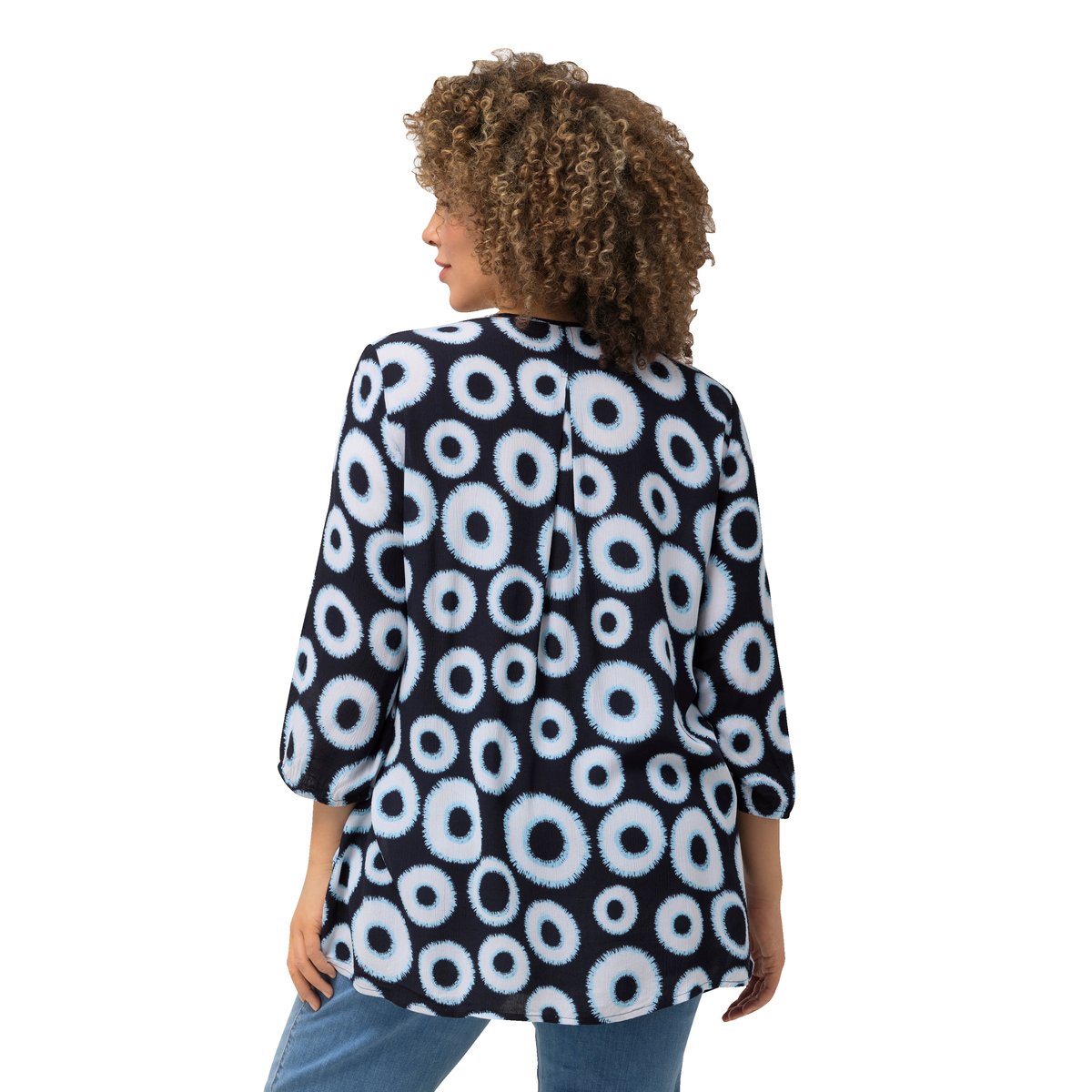 Blouse smockée à motif cercles. Col rond marine, ULLA POPKEN