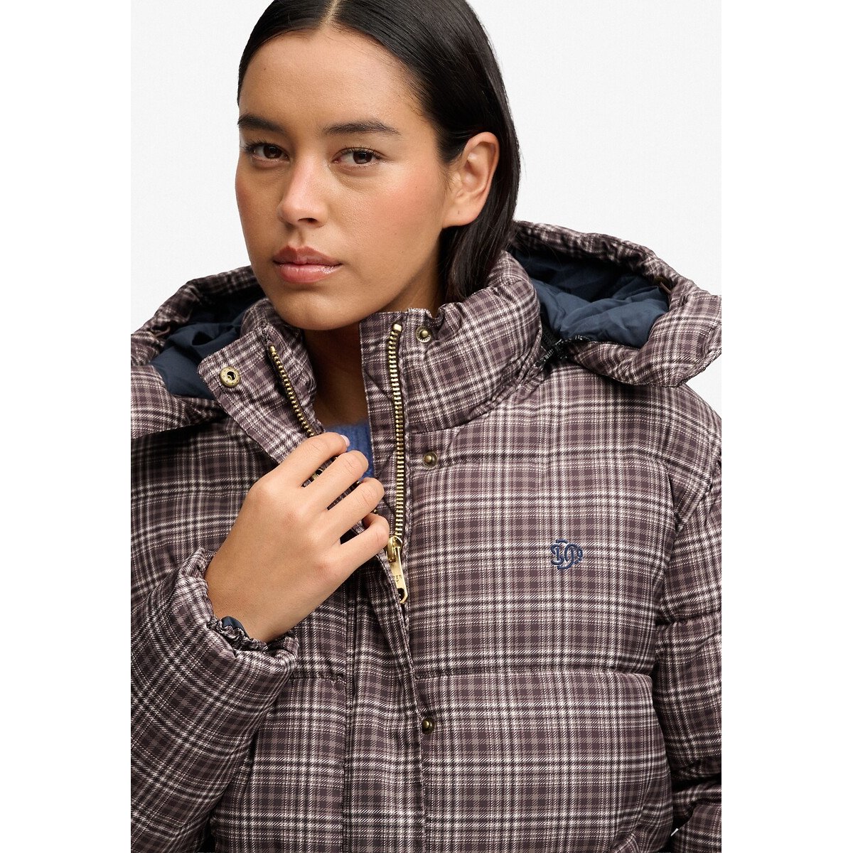 Blusão acolchoado com padrão xadrez premium quadrados castanho, SUPERDRY