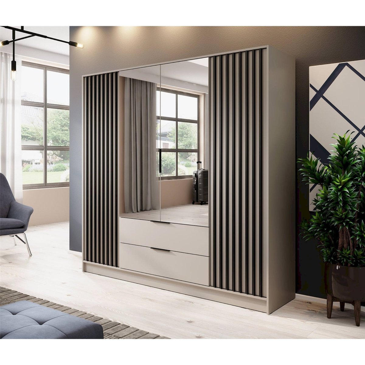 Armoire dressing miroir portes battantes gris et bois clair, RECOLLECTION