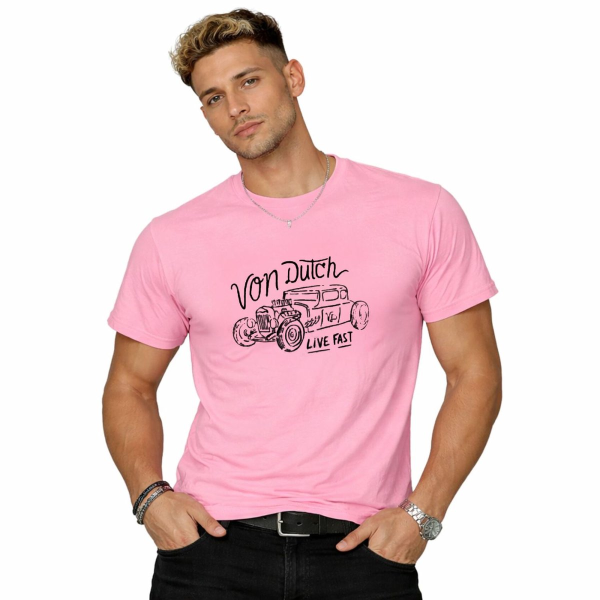 T-shirt en coton LOG rose/blanc, VON DUTCH