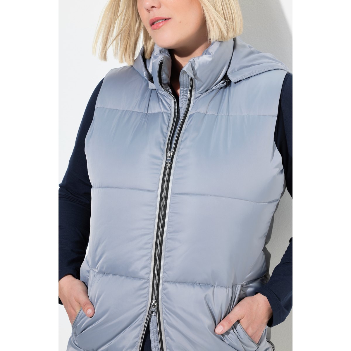 Gilet matelassé long à capuche amovible gris argent, ULLA POPKEN