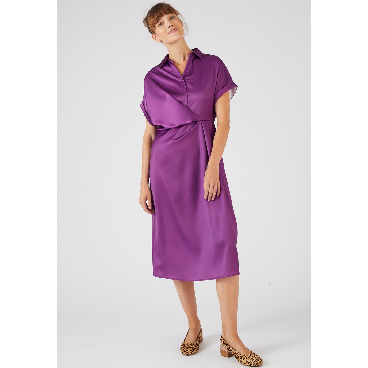 Robe drapée toucher soyeux violet dahlia, DAMART