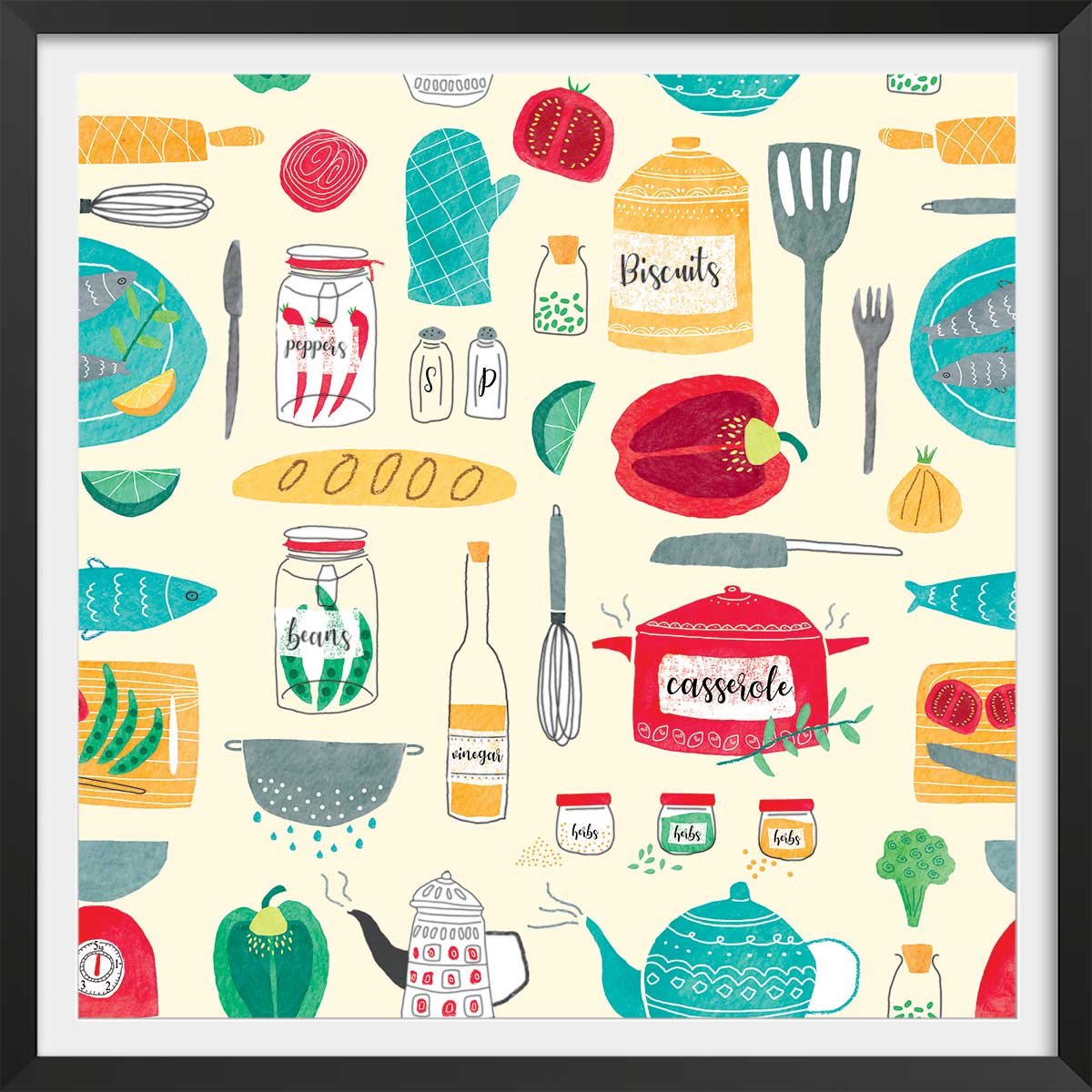 Affiche cuisine set de vaisselle affiche + cadre en bois - noir, HEXOA