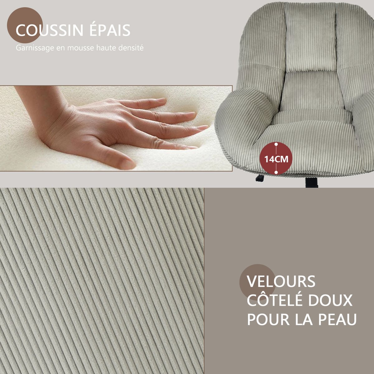 Chaise de bureau pivotante avec dossier inclinable en velours côtelé, LITHOPSFIX CORDO gris, MEUBLES COSY