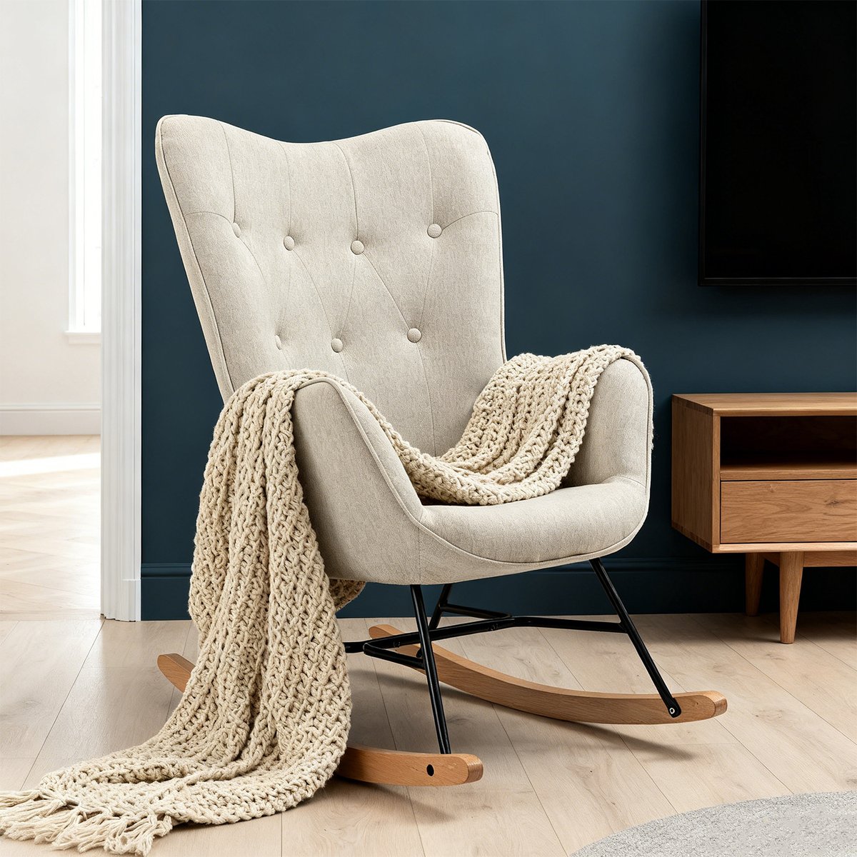 Fauteuil à bascule rocking chair scandinave en tissu, EPPING beige, MEUBLES COSY