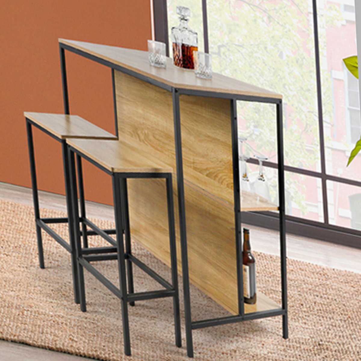 Ilot table de bar 2 Tabourets 2 étagères métal noir et bois 100x60x95cm bois, WADIGA