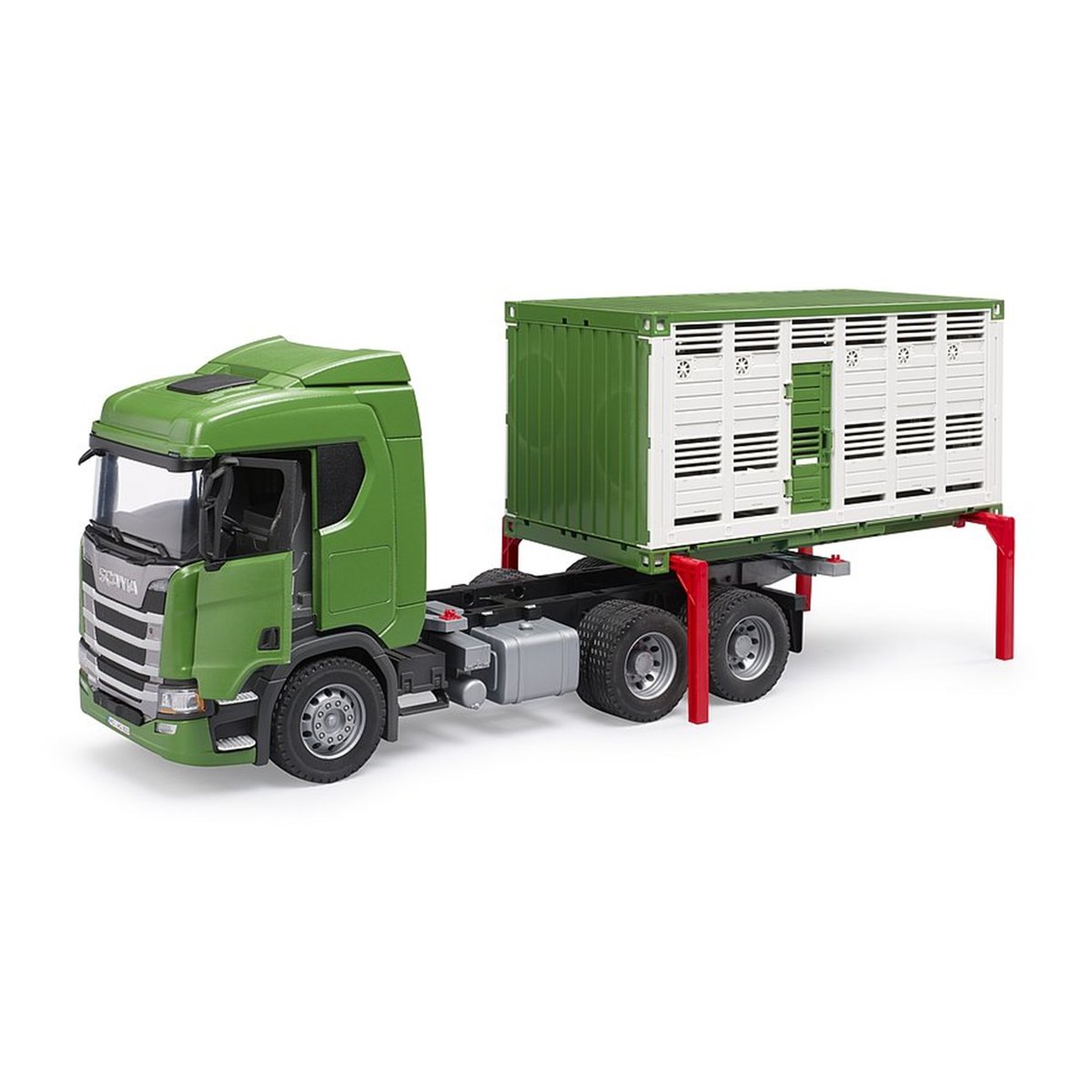 Camion de transport d'animaux Scania Super 560R avec 1 bœuf vert, BRUDER